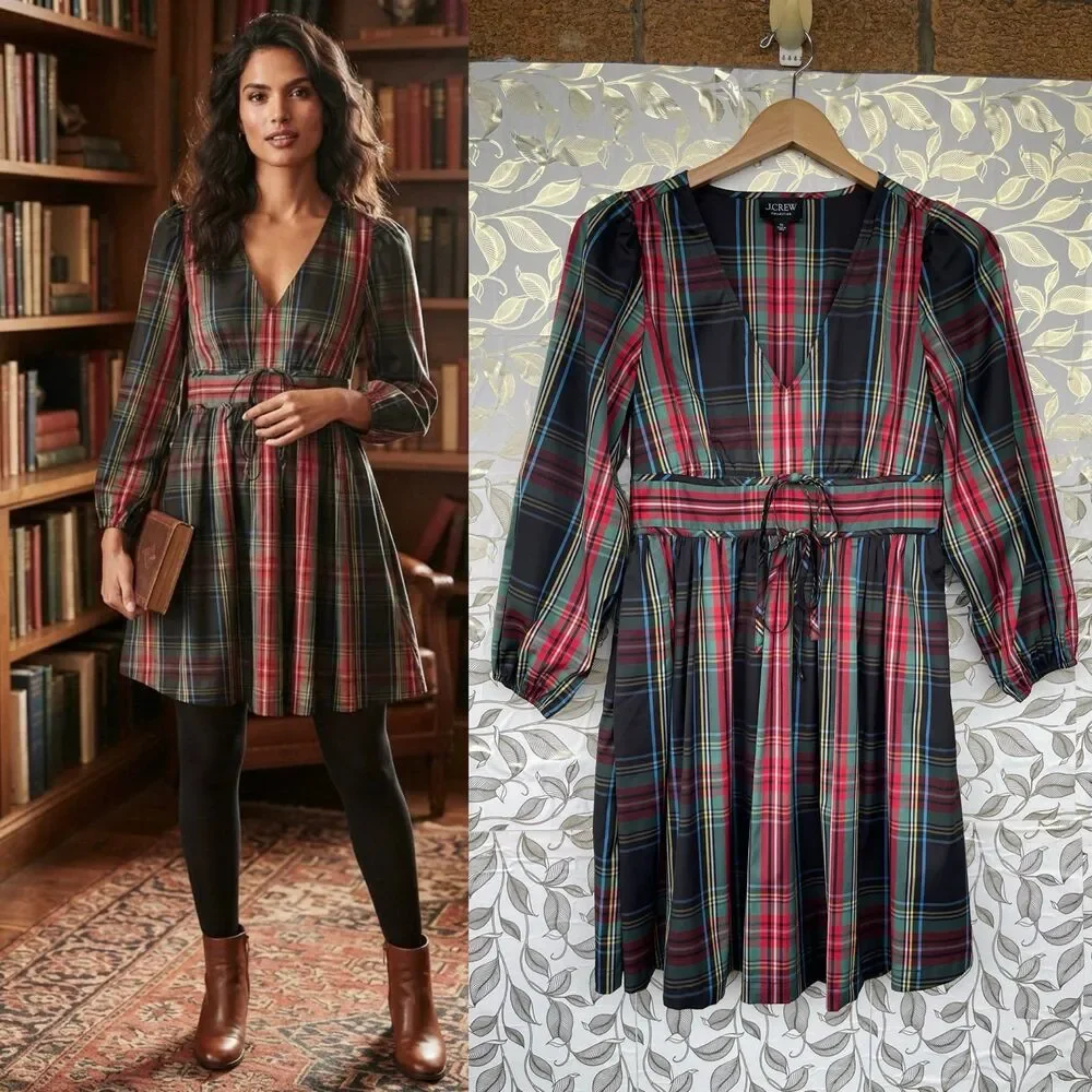 J.Crew Taffeta Mini Dress Stewart Plaid Size 00 Quiet Luxury Preppy